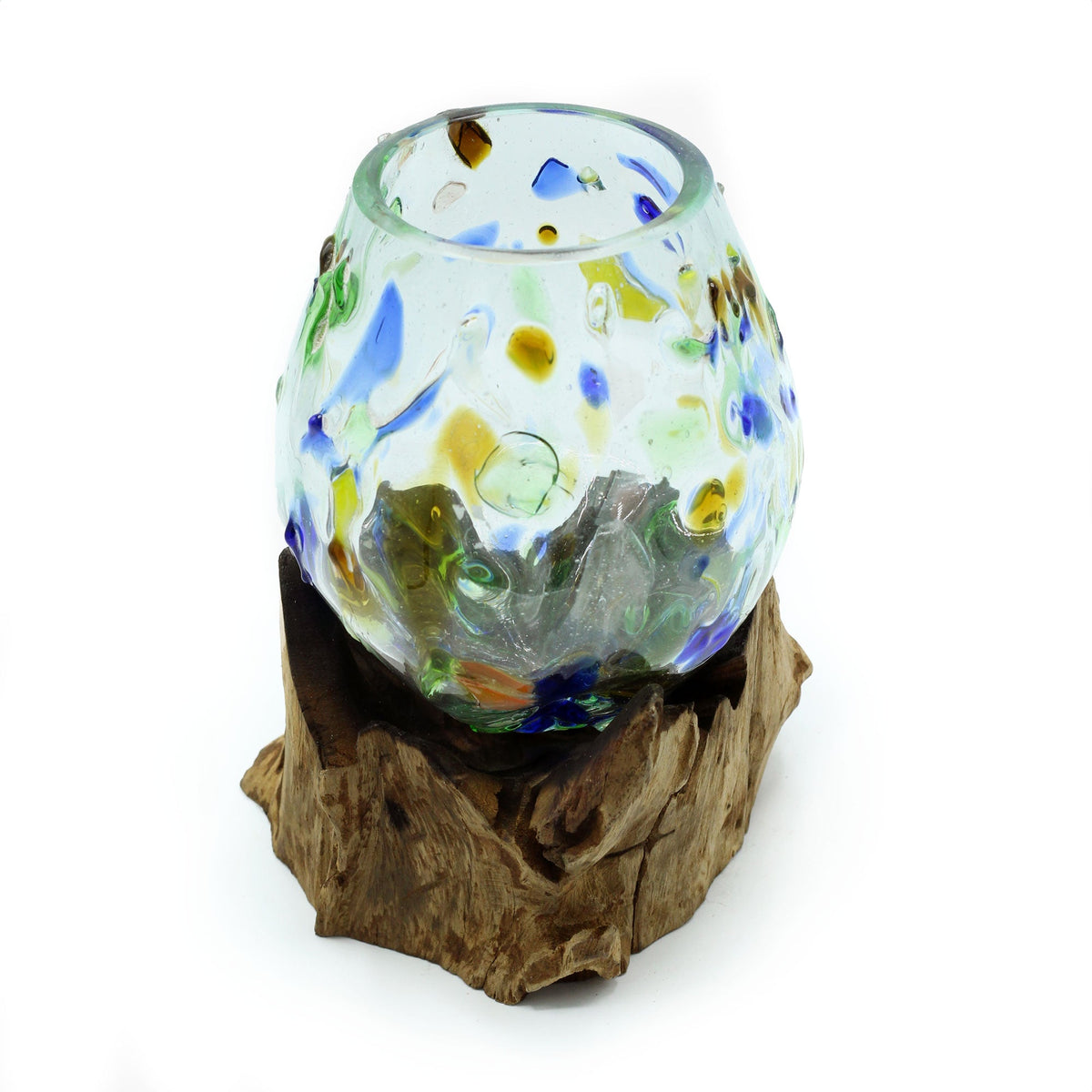 Recycled Glass Vase on Wood - Medium - Oval - Multicoloured, tall rounded vessel with blue, green and amber flecks on a rugged wood base by Quintessential Holistic Health Ltd