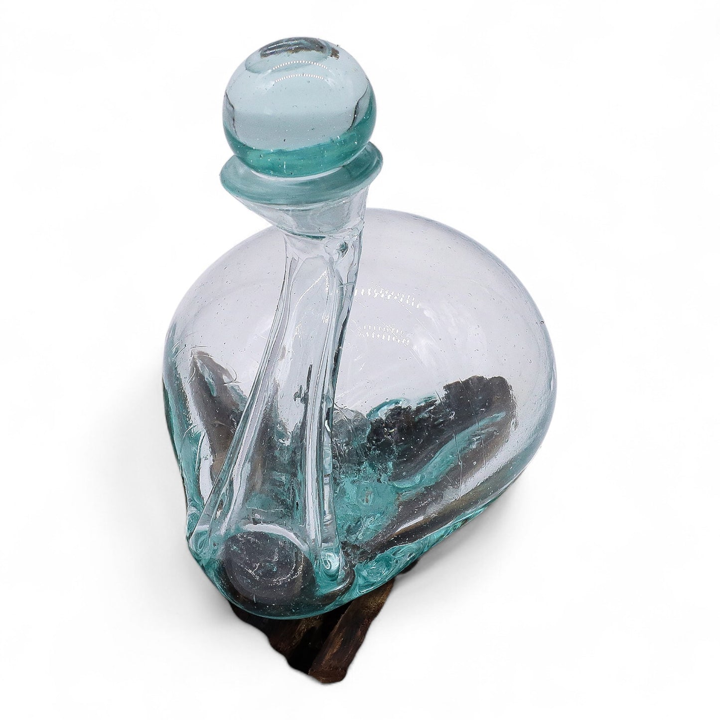 500ml Handmade Molten Recycled Glass Duck Shaped Decanter on Wood - Small / Clear / Light Blue