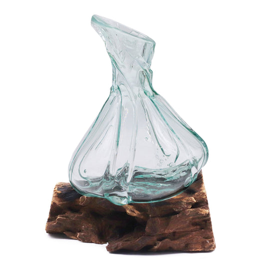500ml Handmade Molten Recycled Glass Decanter on Wood - Free-Form / Clear / Light Blue product packaging on clean background from Quintessential Holistic Health Ltd