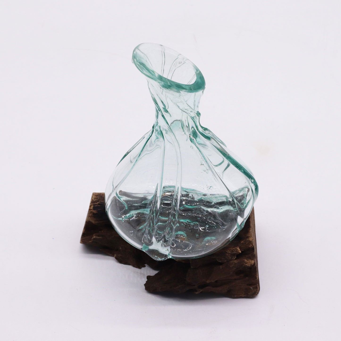500ml Handmade Molten Recycled Glass Decanter on Wood - Free-Form / Clear / Light Blue product packaging on clean background from Quintessential Holistic Health Ltd