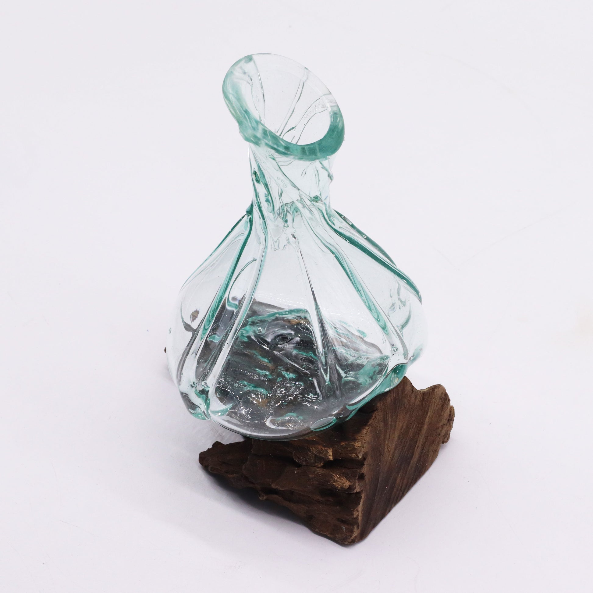 500ml Handmade Molten Recycled Glass Decanter on Wood - Free-Form / Clear / Light Blue product packaging on clean background from Quintessential Holistic Health Ltd