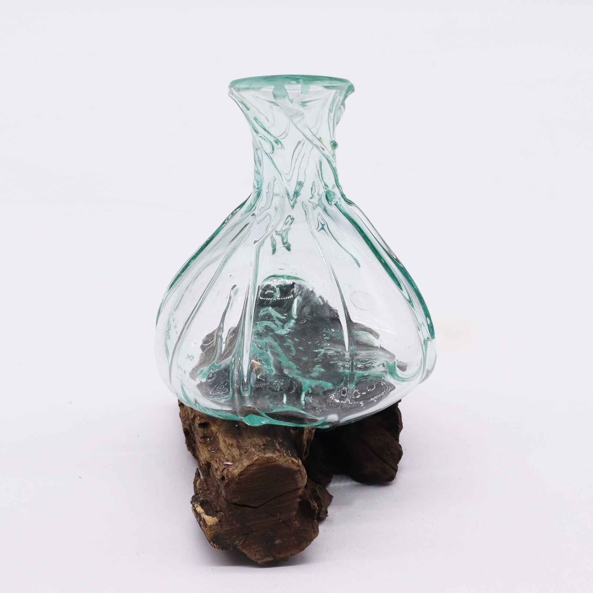 500ml Handmade Molten Recycled Glass Decanter on Wood - Free-Form / Clear / Light Blue product packaging on clean background from Quintessential Holistic Health Ltd