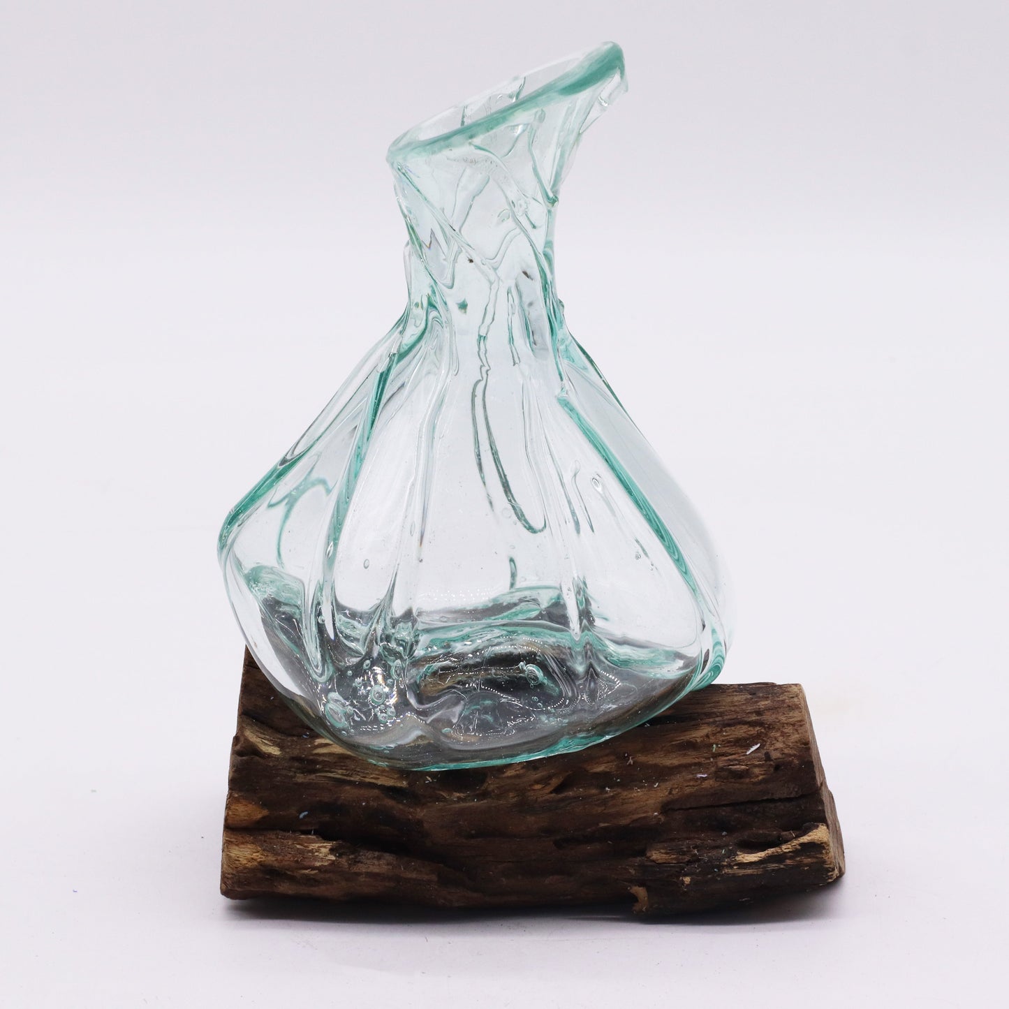 500ml Handmade Molten Recycled Glass Decanter on Wood - Free-Form / Clear / Light Blue product packaging on clean background from Quintessential Holistic Health Ltd