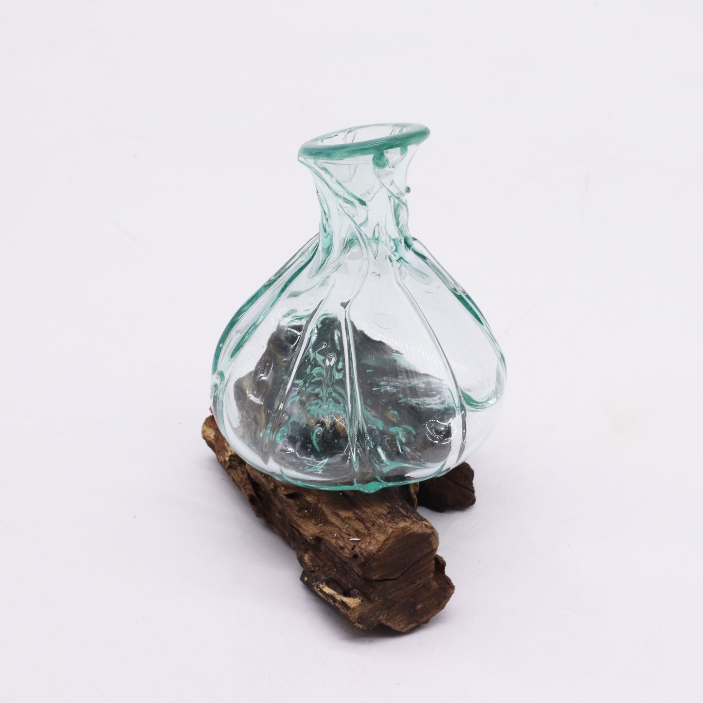 500ml Handmade Molten Recycled Glass Decanter on Wood - Free-Form / Clear / Light Blue product packaging on clean background from Quintessential Holistic Health Ltd