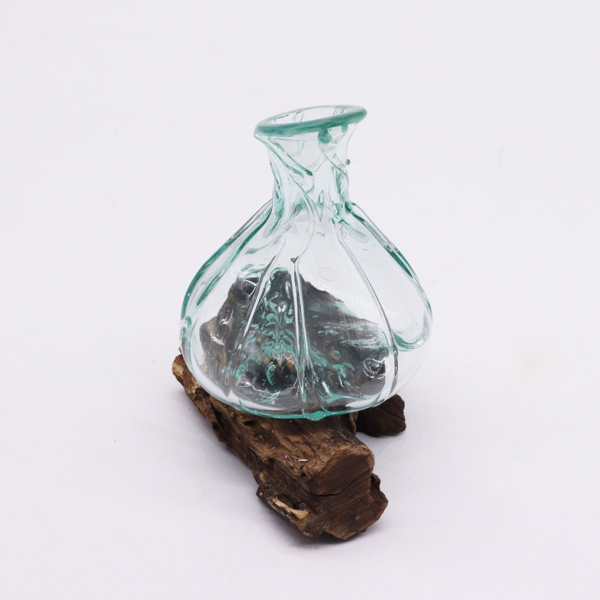 500ml Handmade Molten Recycled Glass Decanter on Wood - Free-Form / Clear / Light Blue product packaging on clean background from Quintessential Holistic Health Ltd