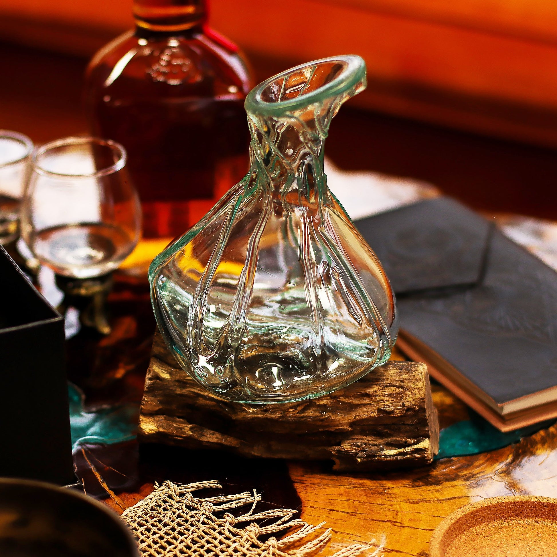 500ml Handmade Molten Recycled Glass Decanter on Wood - Free-Form / Clear / Light Blue product packaging on clean background from Quintessential Holistic Health Ltd