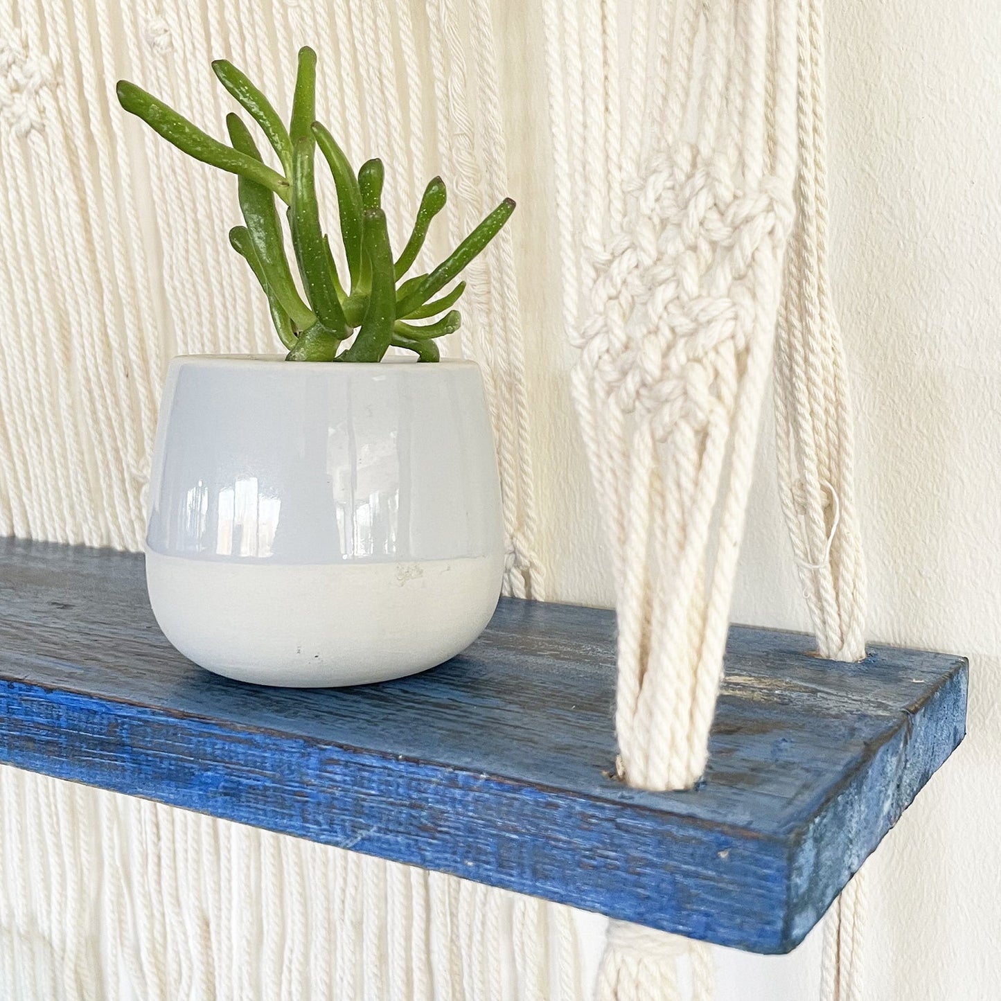 Handmade Eco-Friendly Macrame Cotton and Wooden Hanging Shelves - Blue product packaging on clean background from Quintessential Holistic Health Ltd