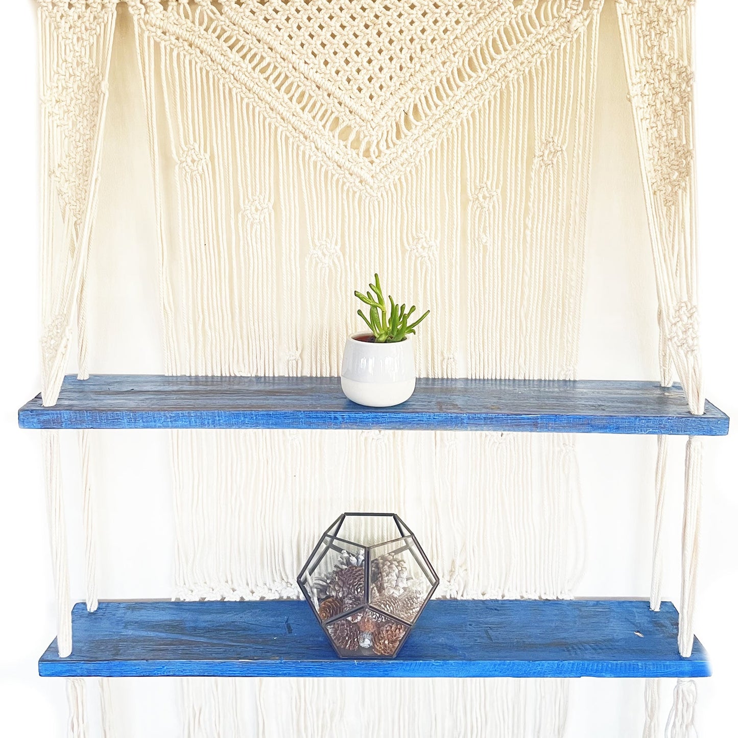Handmade Eco-Friendly Macrame Cotton and Wooden Hanging Shelves - Blue product packaging on clean background from Quintessential Holistic Health Ltd