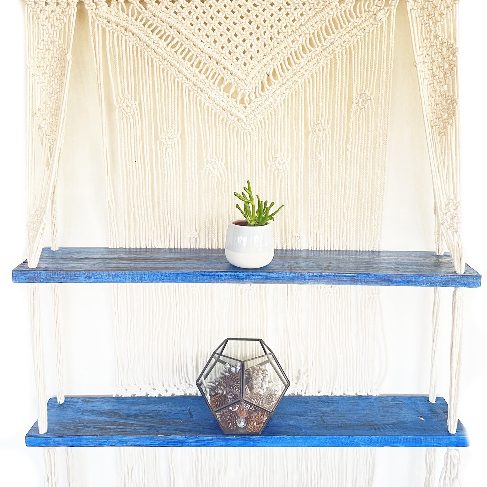 Handmade Eco-Friendly Macrame Cotton and Wooden Hanging Shelves - Blue product packaging on clean background from Quintessential Holistic Health Ltd