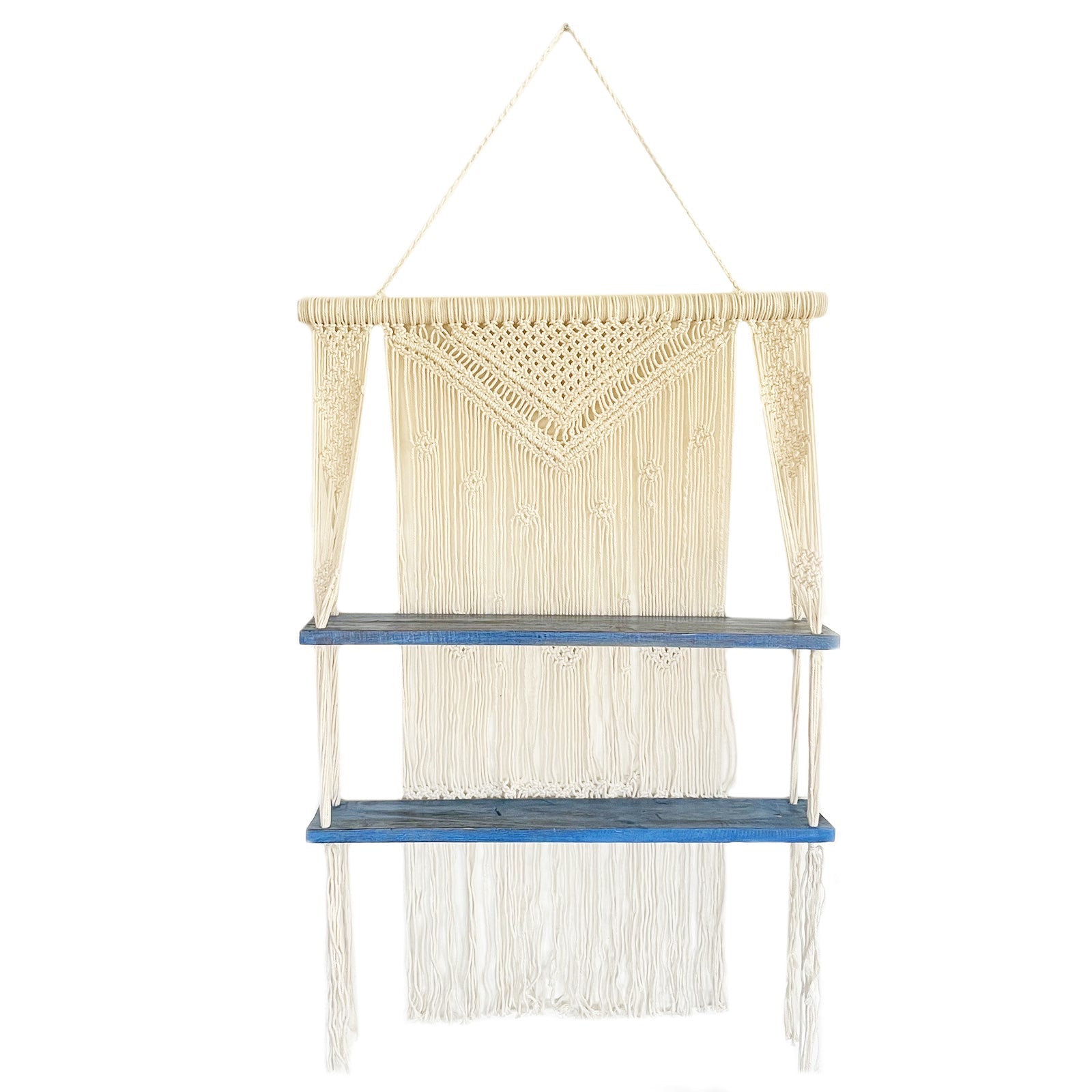 Handmade Eco-Friendly Macrame Cotton and Wooden Hanging Shelves - Blue product packaging on clean background from Quintessential Holistic Health Ltd