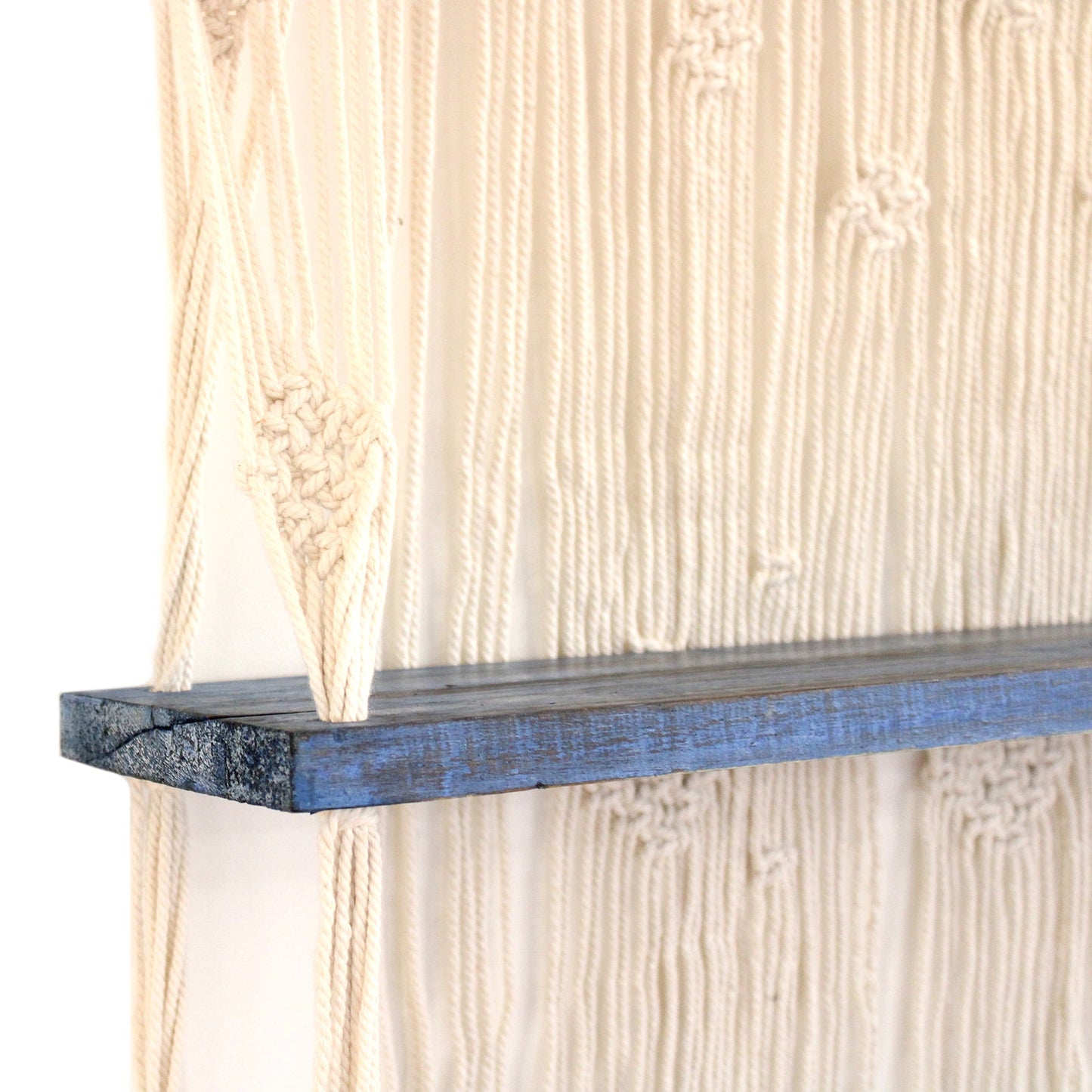 Handmade Eco-Friendly Macrame Cotton and Wooden Hanging Shelves - Blue product packaging on clean background from Quintessential Holistic Health Ltd