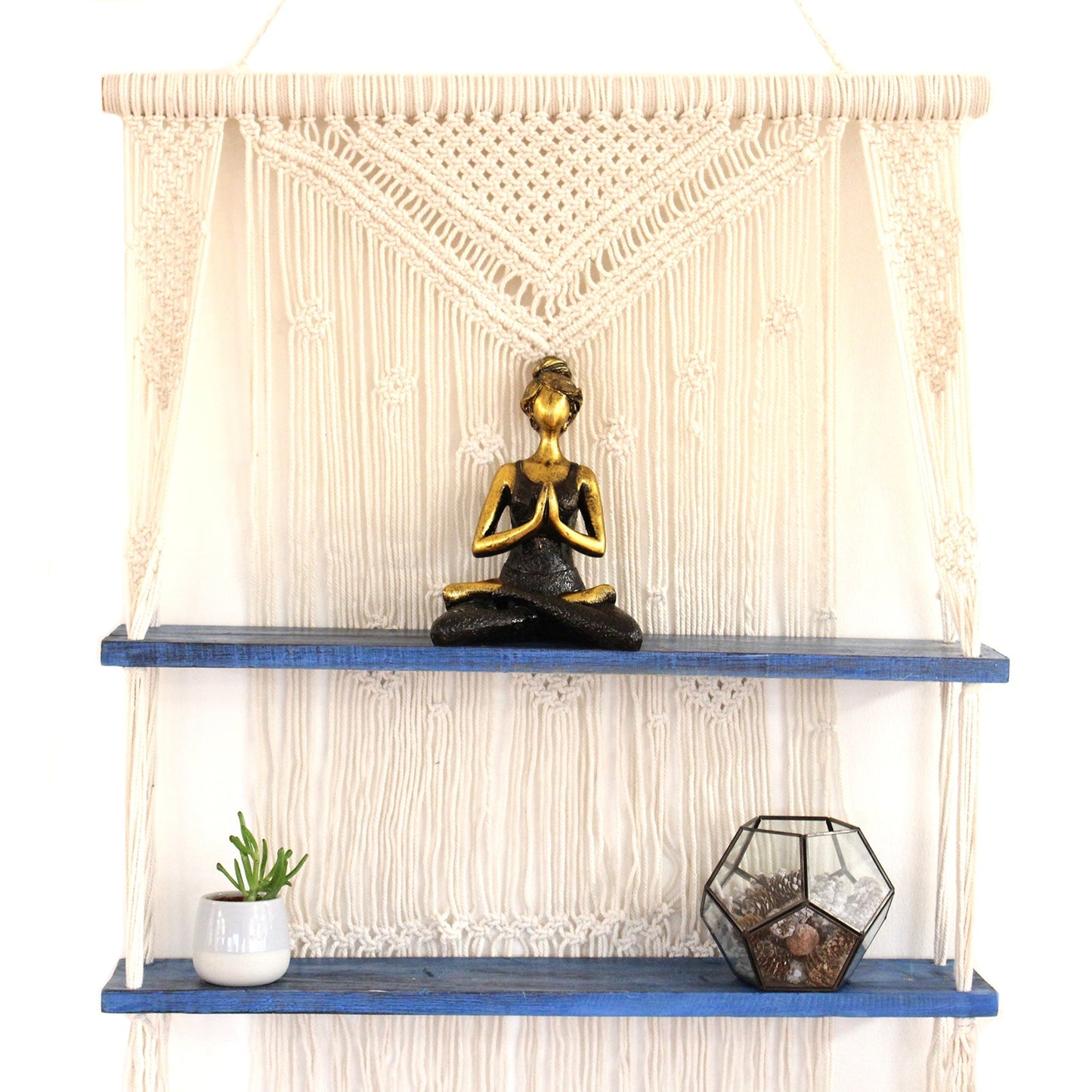 Handmade Eco-Friendly Macrame Cotton and Wooden Hanging Shelves - Blue product packaging on clean background from Quintessential Holistic Health Ltd