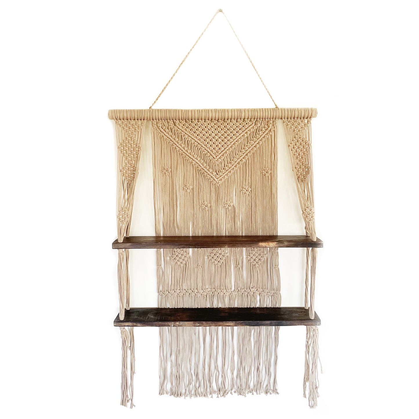 Handmade Eco-Friendly Macrame Cotton and Wooden Hanging Shelves - Brown product packaging on clean background from Quintessential Holistic Health Ltd