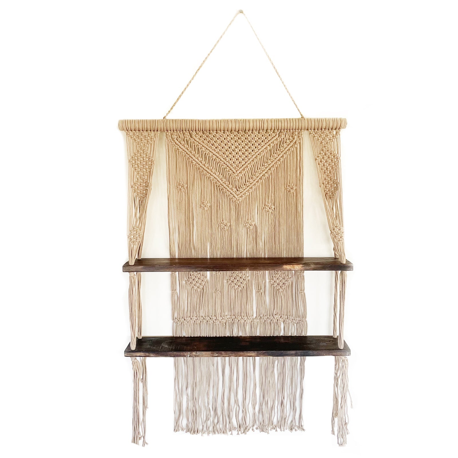 Handmade Eco-Friendly Macrame Cotton and Wooden Hanging Shelves - Brown product packaging on clean background from Quintessential Holistic Health Ltd
