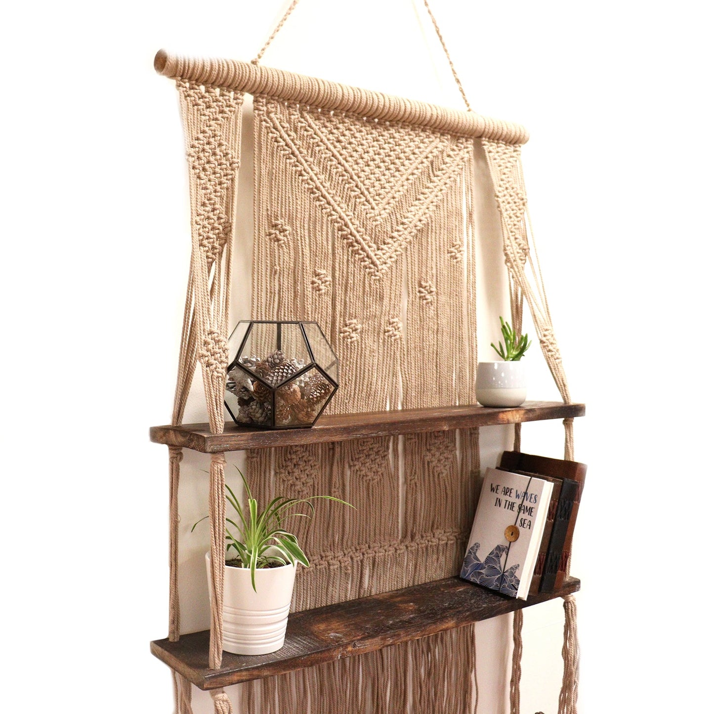 Handmade Eco-Friendly Macrame Cotton and Wooden Hanging Shelves - Brown product packaging on clean background from Quintessential Holistic Health Ltd
