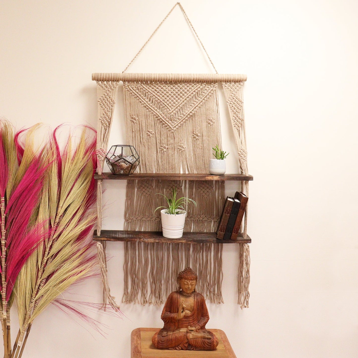 Handmade Eco-Friendly Macrame Cotton and Wooden Hanging Shelves - Brown product packaging on clean background from Quintessential Holistic Health Ltd