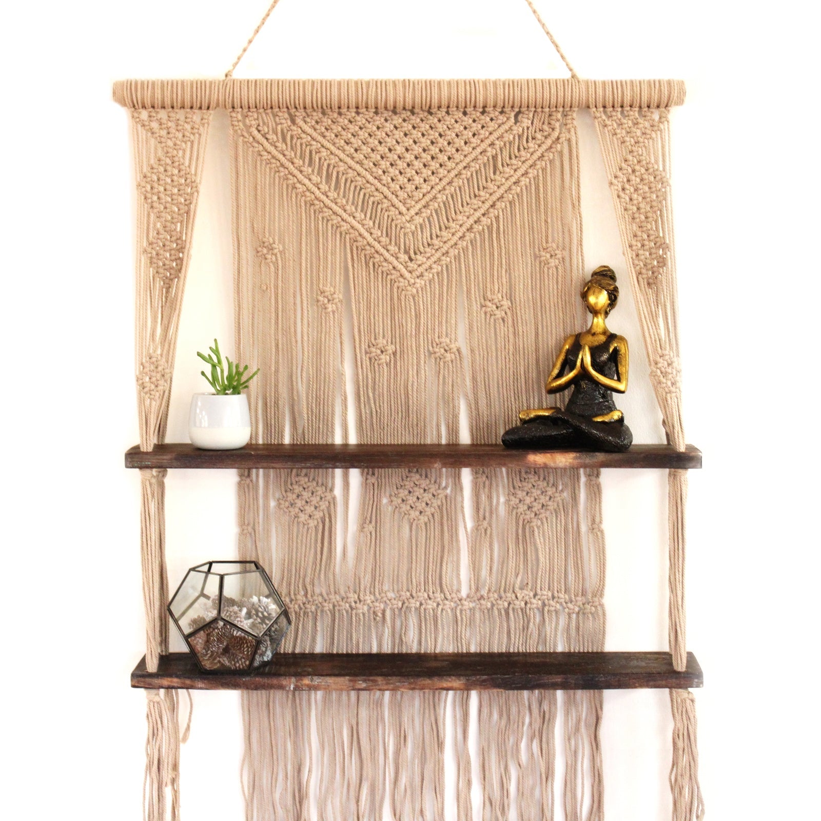 Handmade Eco-Friendly Macrame Cotton and Wooden Hanging Shelves - Brown product packaging on clean background from Quintessential Holistic Health Ltd