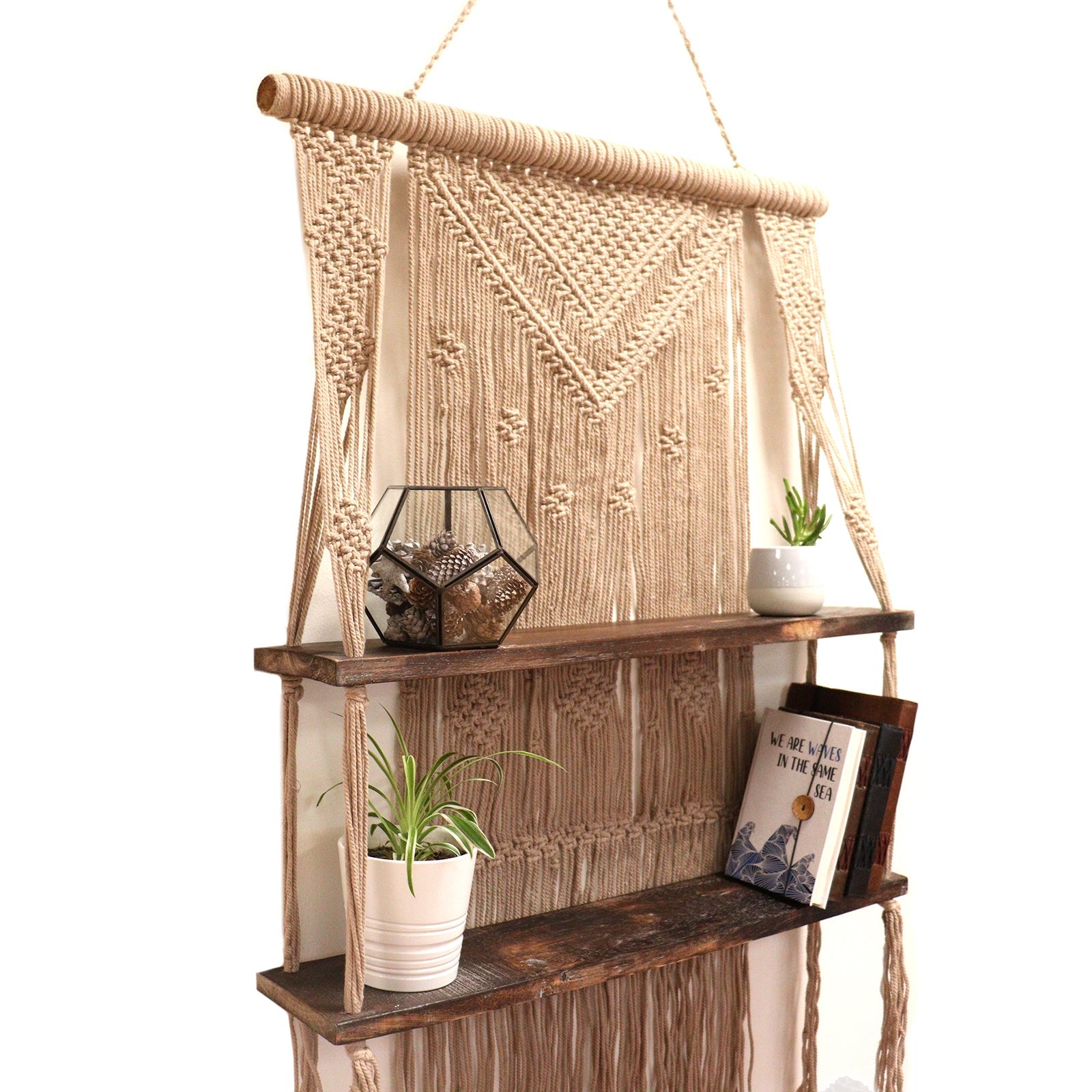 Handmade Eco-Friendly Macrame Cotton and Wooden Hanging Shelves - Brown product packaging on clean background from Quintessential Holistic Health Ltd