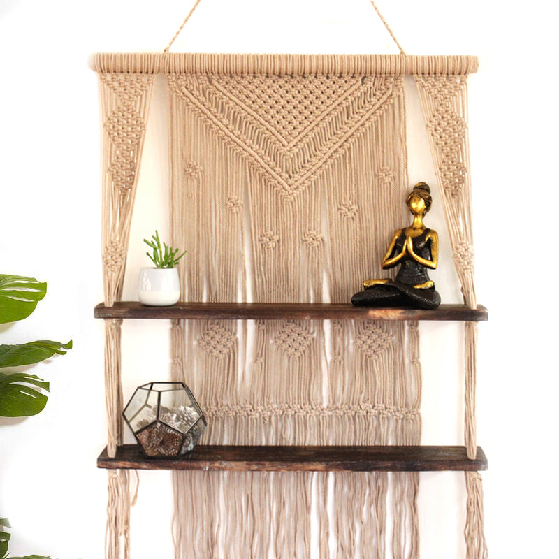 Handmade Eco-Friendly Macrame Cotton and Wooden Hanging Shelves - Brown product packaging on clean background from Quintessential Holistic Health Ltd