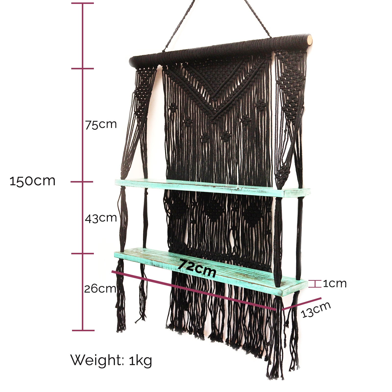 Handmade Eco-Friendly Macrame Cotton and Wooden Hanging Shelves - Turquoise product packaging on clean background from Quintessential Holistic Health Ltd