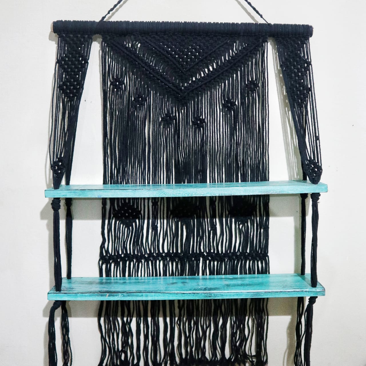 Handmade Eco-Friendly Macrame Cotton and Wooden Hanging Shelves - Turquoise product packaging on clean background from Quintessential Holistic Health Ltd