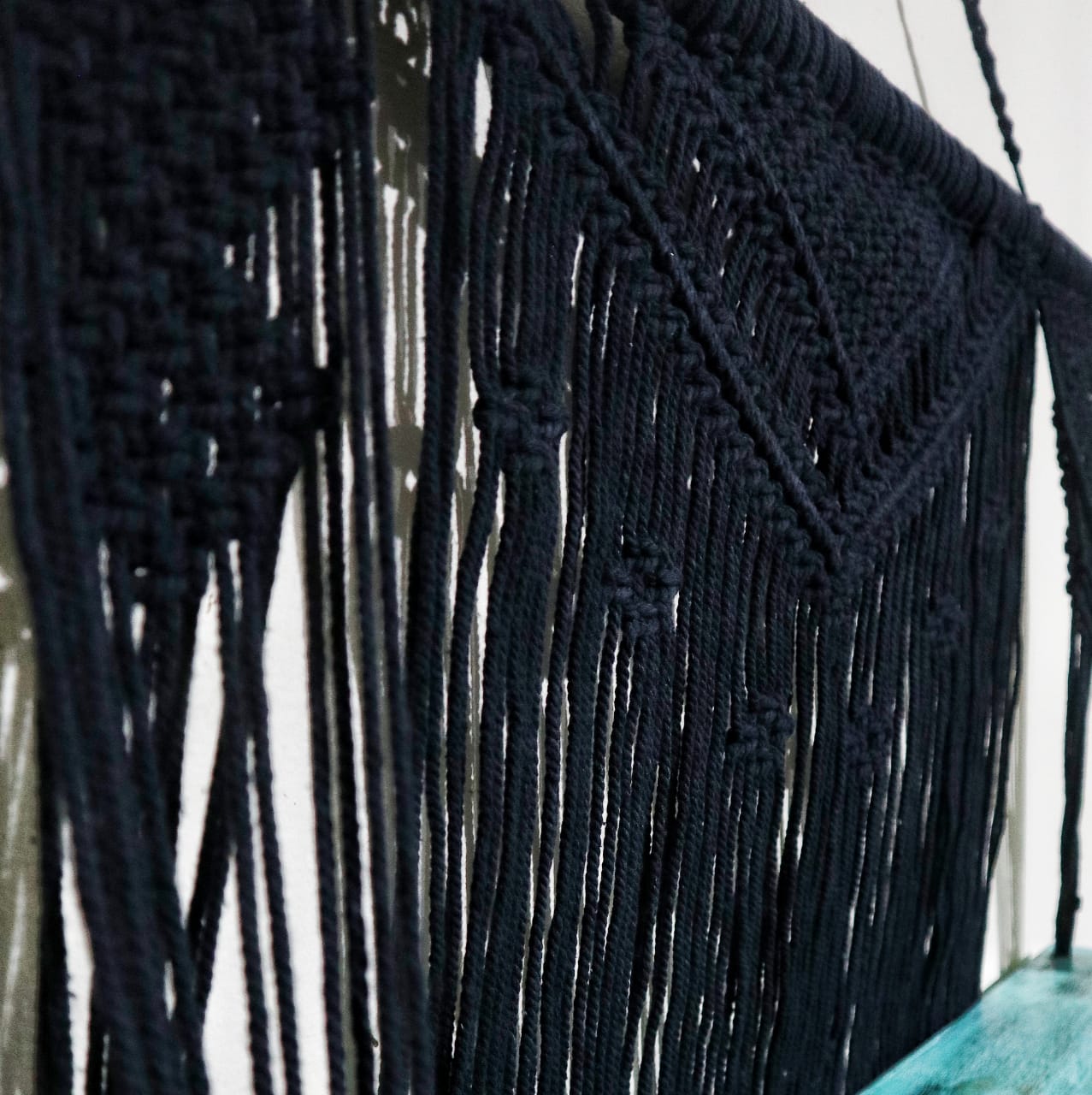 Handmade Eco-Friendly Macrame Cotton and Wooden Hanging Shelves - Turquoise product packaging on clean background from Quintessential Holistic Health Ltd