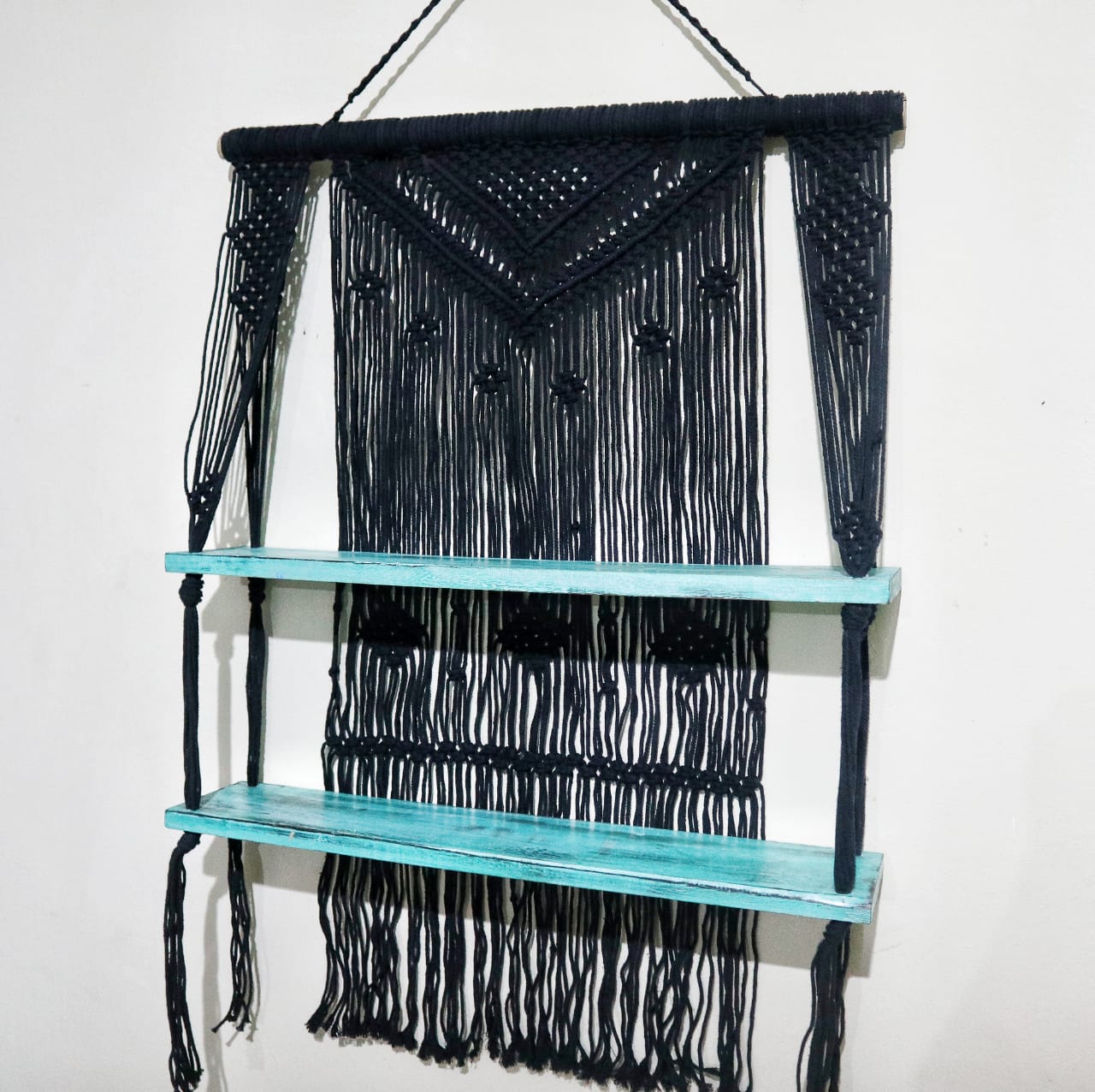 Handmade Eco-Friendly Macrame Cotton and Wooden Hanging Shelves - Turquoise product packaging on clean background from Quintessential Holistic Health Ltd