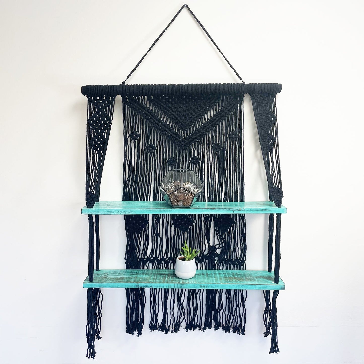 Handmade Eco-Friendly Macrame Cotton and Wooden Hanging Shelves - Turquoise product packaging on clean background from Quintessential Holistic Health Ltd