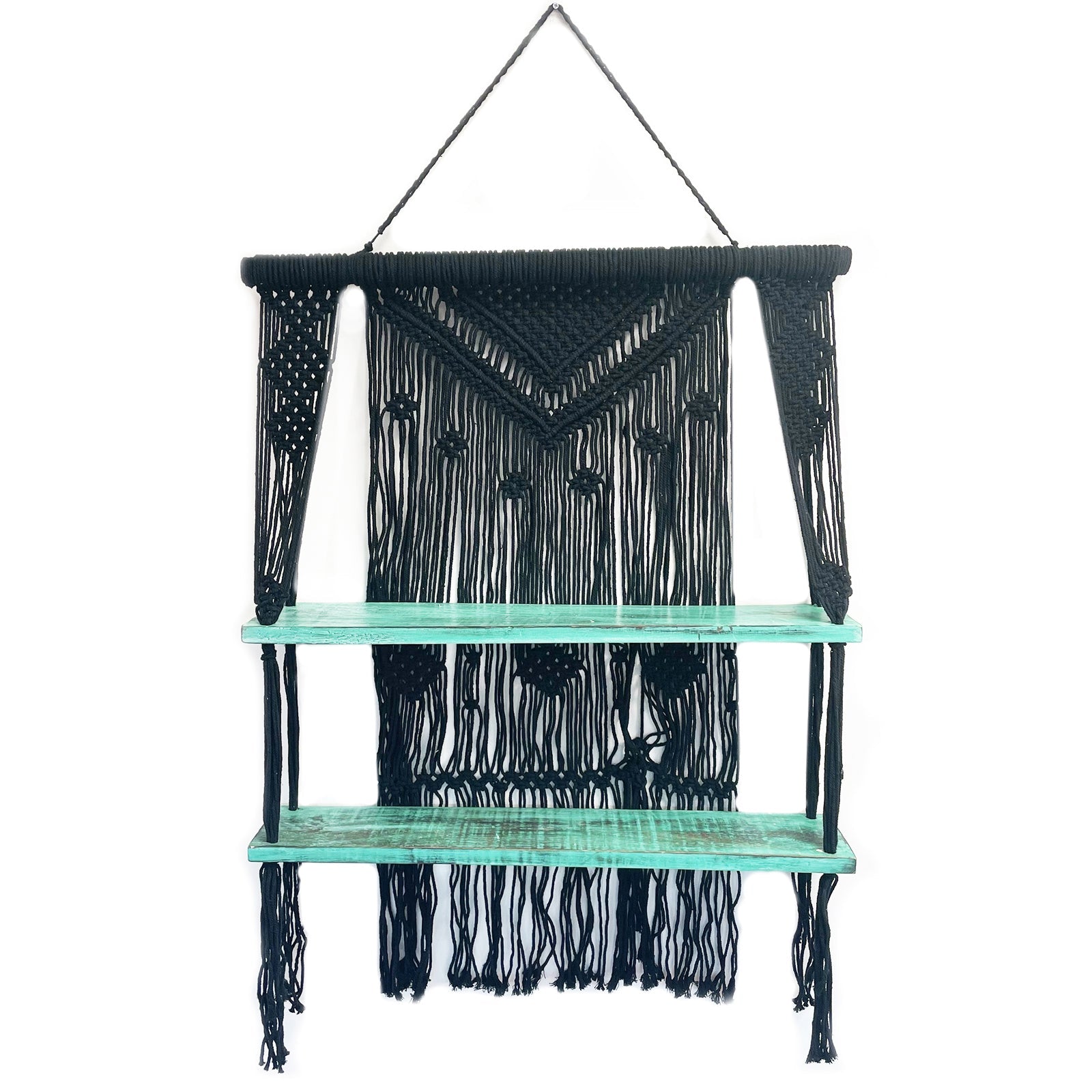 Handmade Eco-Friendly Macrame Cotton and Wooden Hanging Shelves - Turquoise product packaging on clean background from Quintessential Holistic Health Ltd