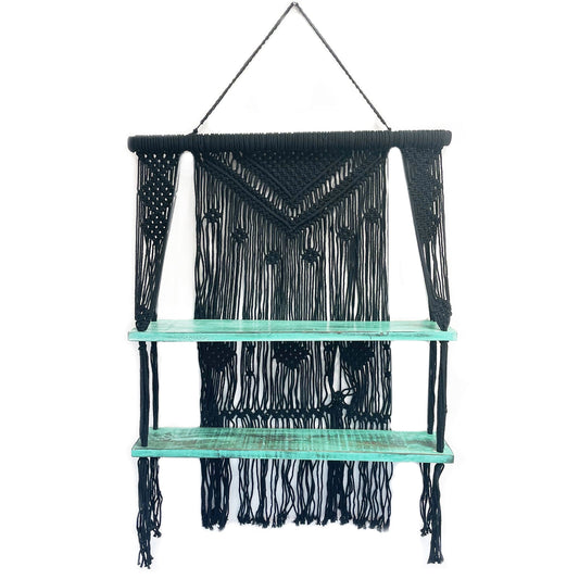 Handmade Eco-Friendly Macrame Cotton and Wooden Hanging Shelves - Turquoise - main product image from Quintessential Holistic Health Ltd UK