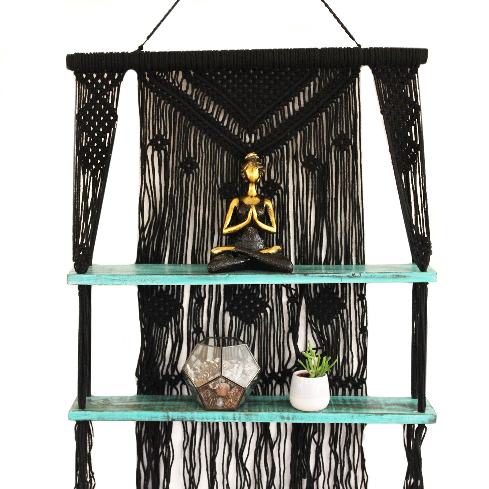 Handmade Eco-Friendly Macrame Cotton and Wooden Hanging Shelves - Turquoise product packaging on clean background from Quintessential Holistic Health Ltd