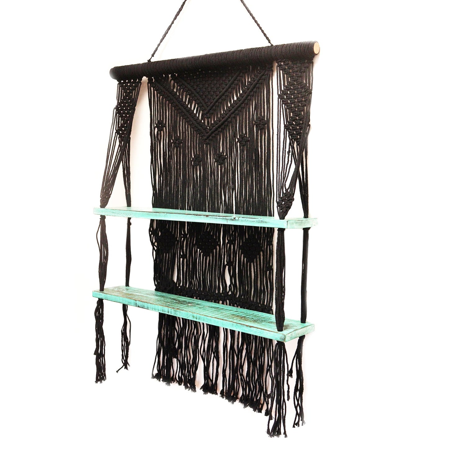 Handmade Eco-Friendly Macrame Cotton and Wooden Hanging Shelves - Turquoise product packaging on clean background from Quintessential Holistic Health Ltd