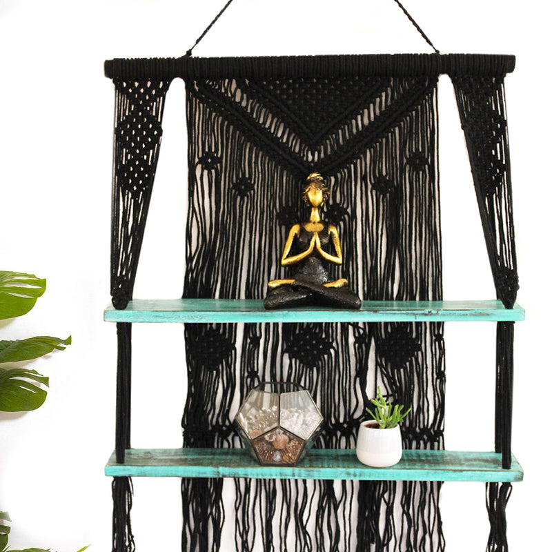 Handmade Eco-Friendly Macrame Cotton and Wooden Hanging Shelves - Turquoise product packaging on clean background from Quintessential Holistic Health Ltd