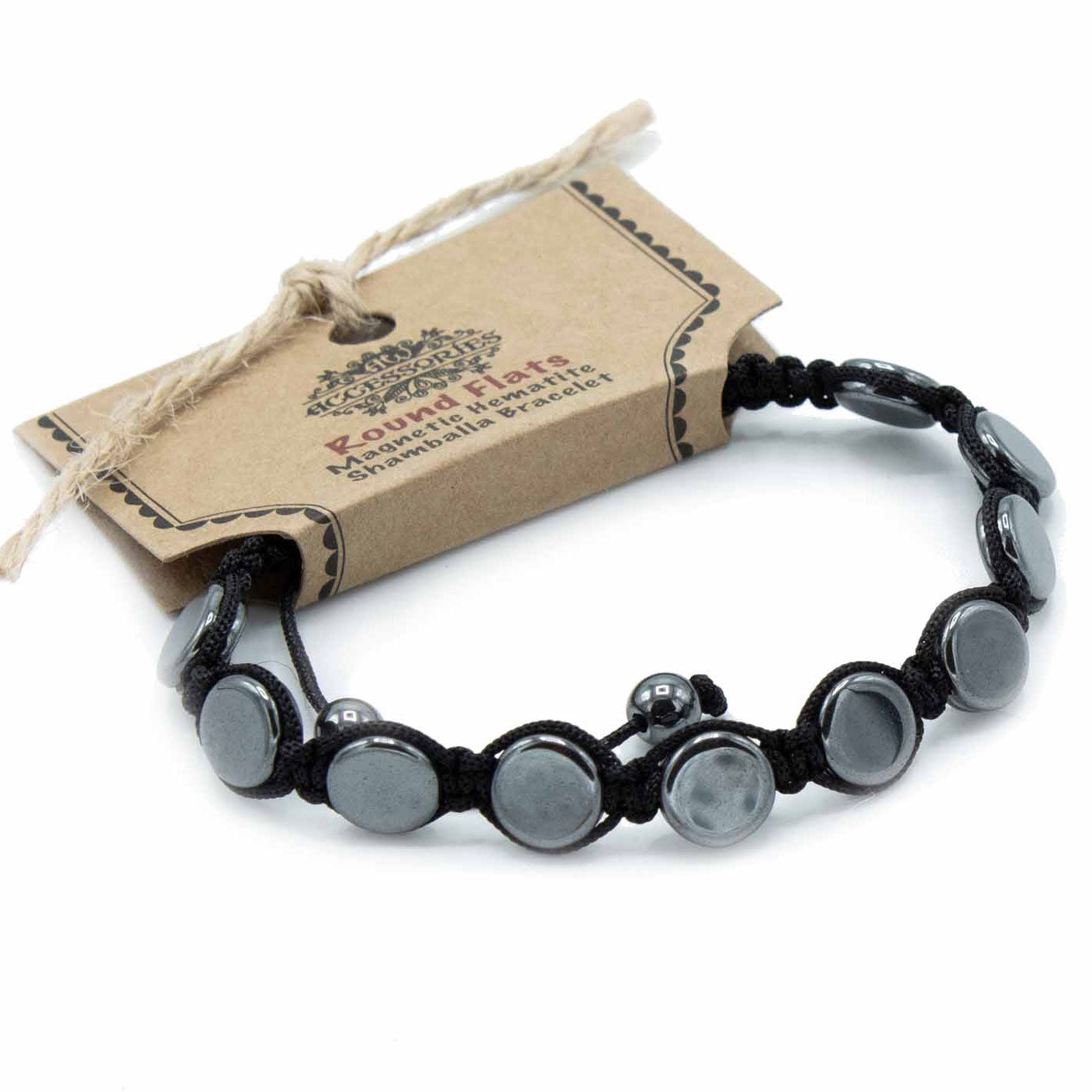 Unisex Magnetic Hematite Shamballa Bracelet - Round Flats product packaging on clean background from Quintessential Holistic Health Ltd