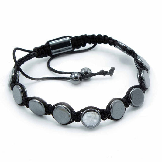 Unisex Magnetic Hematite Shamballa Bracelet - Round Flats product packaging on clean background from Quintessential Holistic Health Ltd