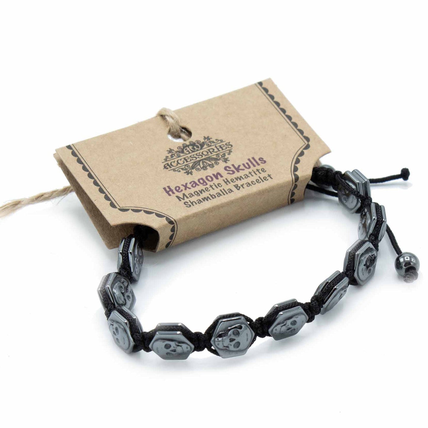 Unisex Magnetic Hematite Shamballa Bracelet - Hexagon Skulls product packaging on clean background from Quintessential Holistic Health Ltd