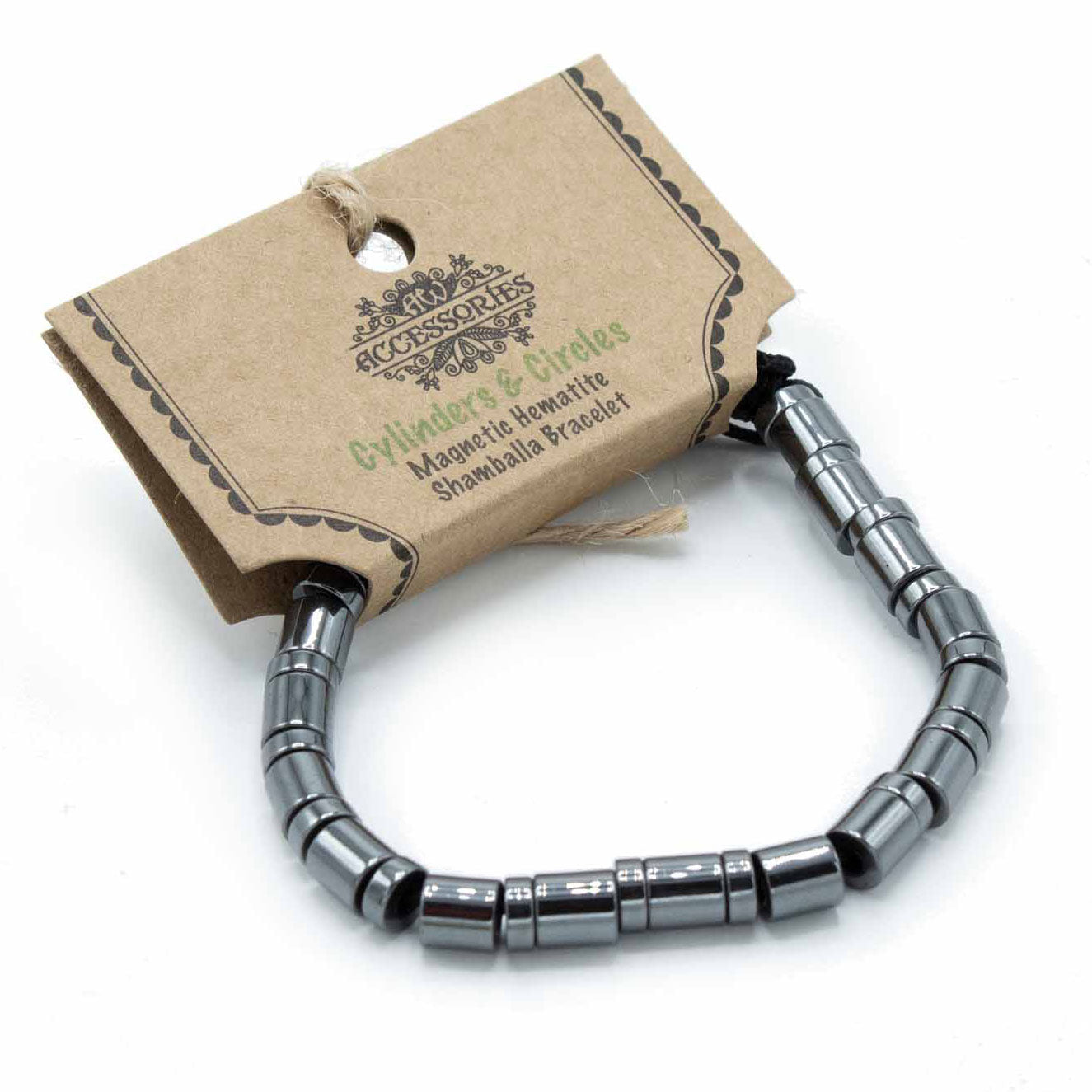 Unisex Magnetic Hematite Shamballa Bracelet - Cylinders and Circles product packaging on clean background from Quintessential Holistic Health Ltd