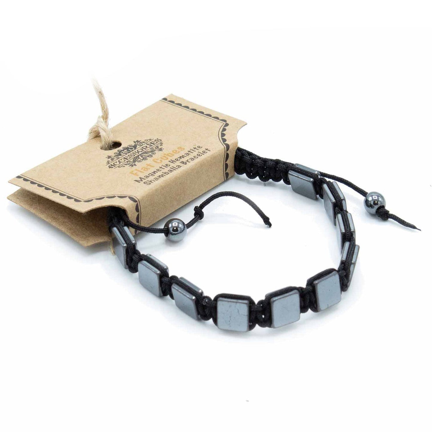 Unisex Magnetic Hematite Shamballa Bracelet - Flat Cubes product packaging on clean background from Quintessential Holistic Health Ltd