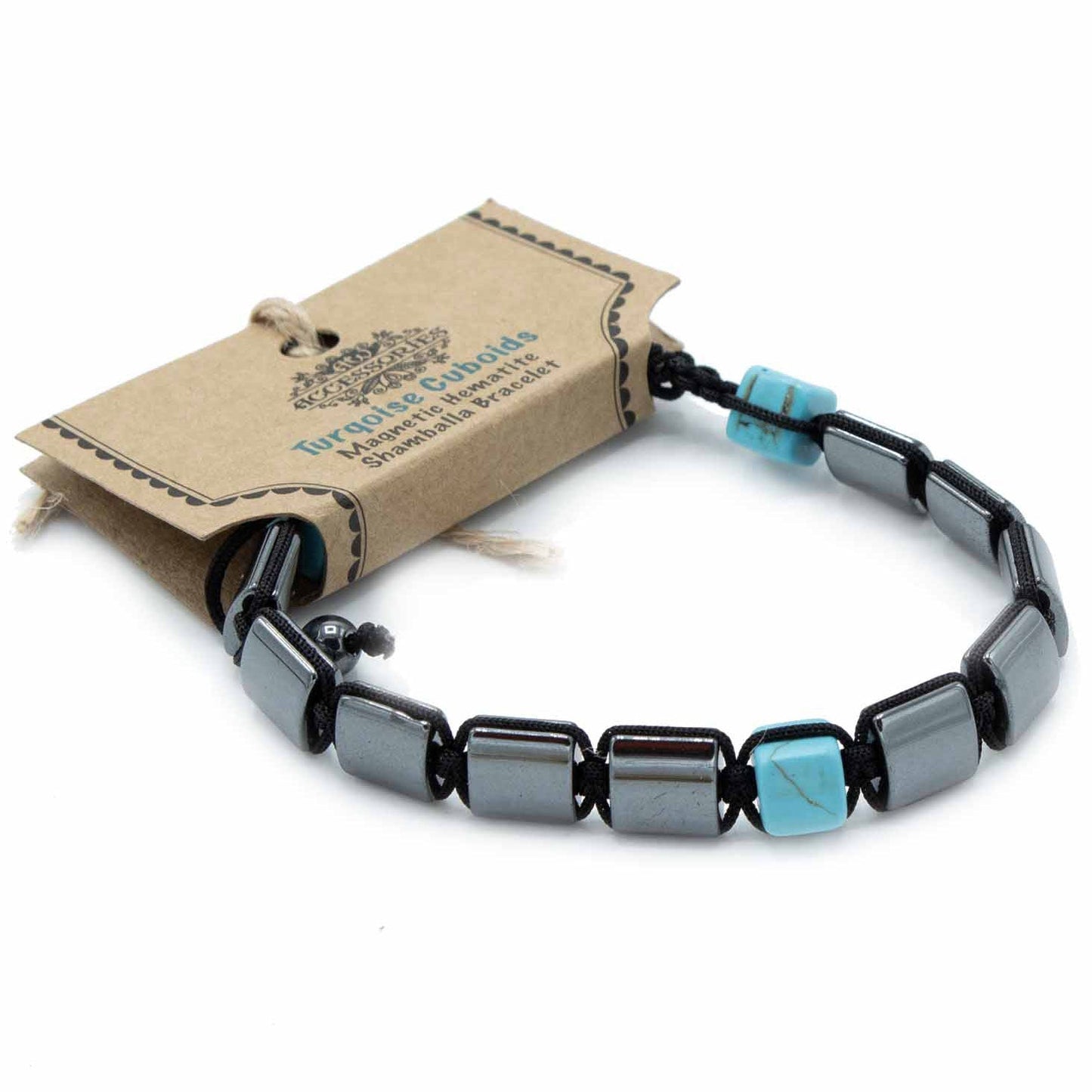 Unisex Magnetic Hematite Shamballa Bracelet - Turquoise Cuboids product packaging on clean background from Quintessential Holistic Health Ltd