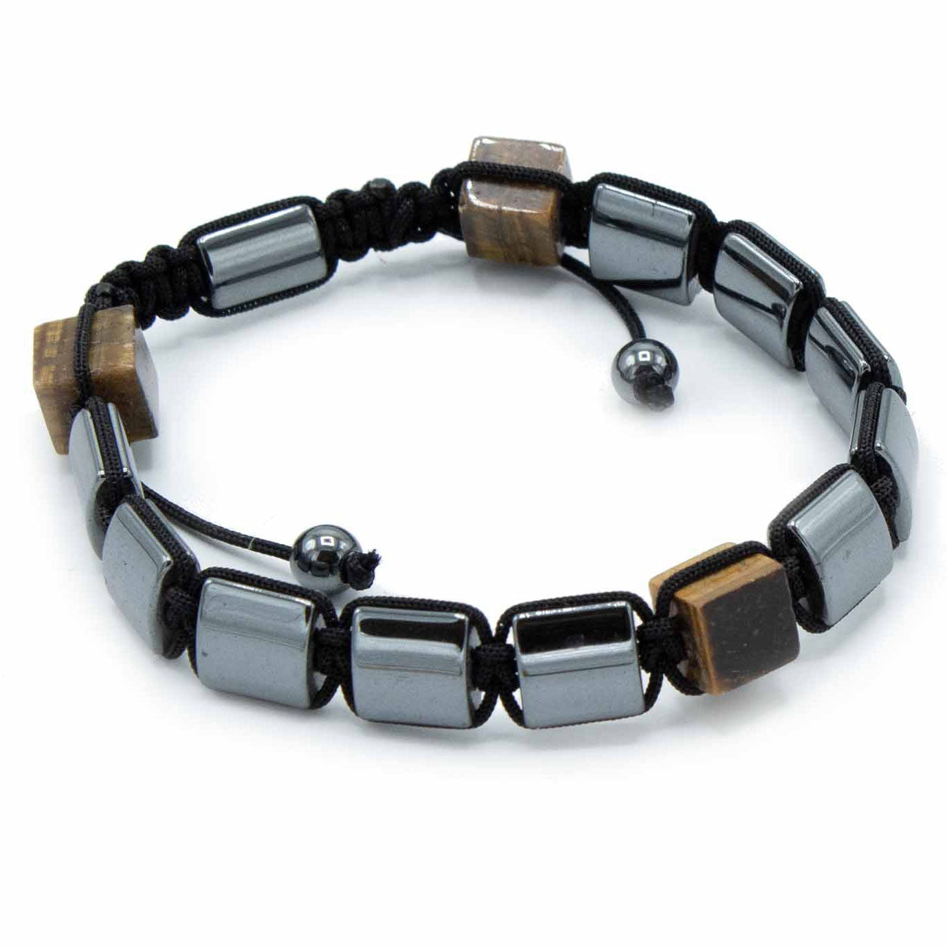 Unisex Magnetic Hematite Shamballa Bracelet - Tigers Eye Cuboids product packaging on clean background from Quintessential Holistic Health Ltd