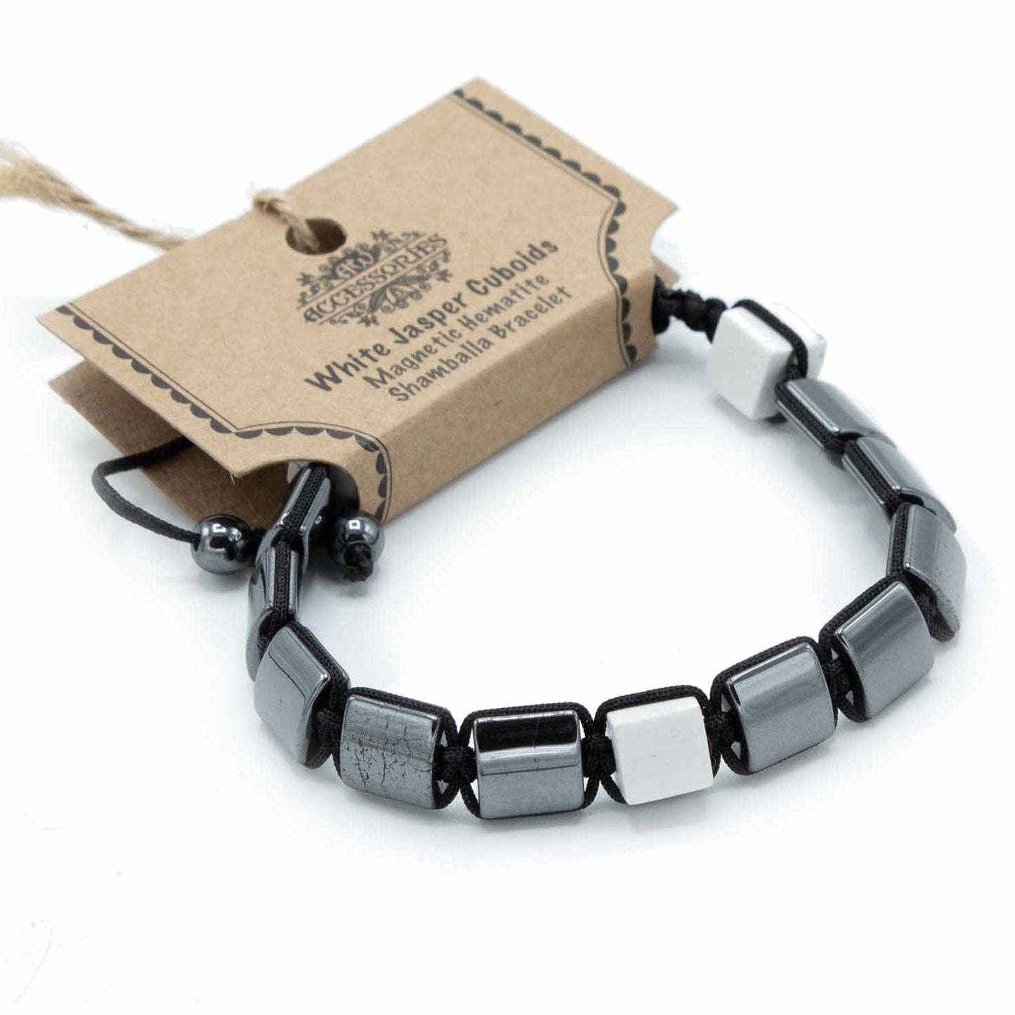 Unisex Magnetic Hematite Shamballa Bracelet - White Jasper Cuboids product packaging on clean background from Quintessential Holistic Health Ltd