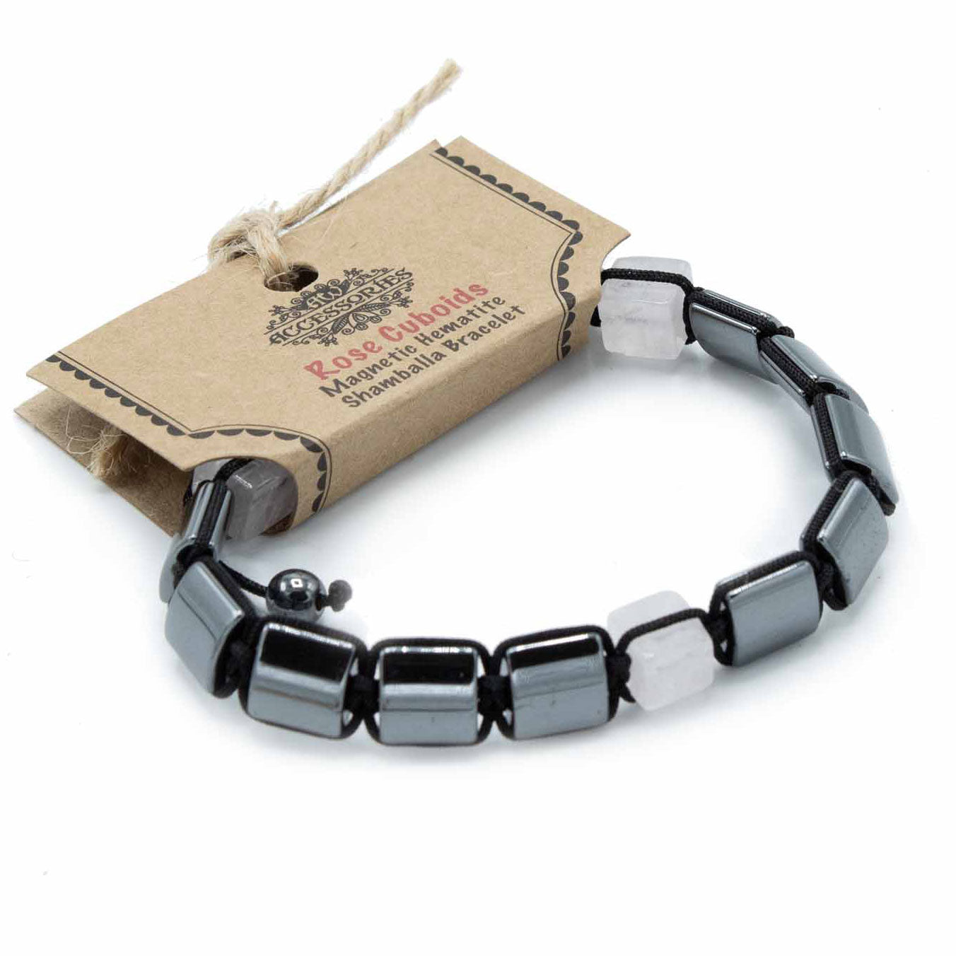 Unisex Magnetic Hematite Shamballa Bracelet - Rose Cuboids product packaging on clean background from Quintessential Holistic Health Ltd