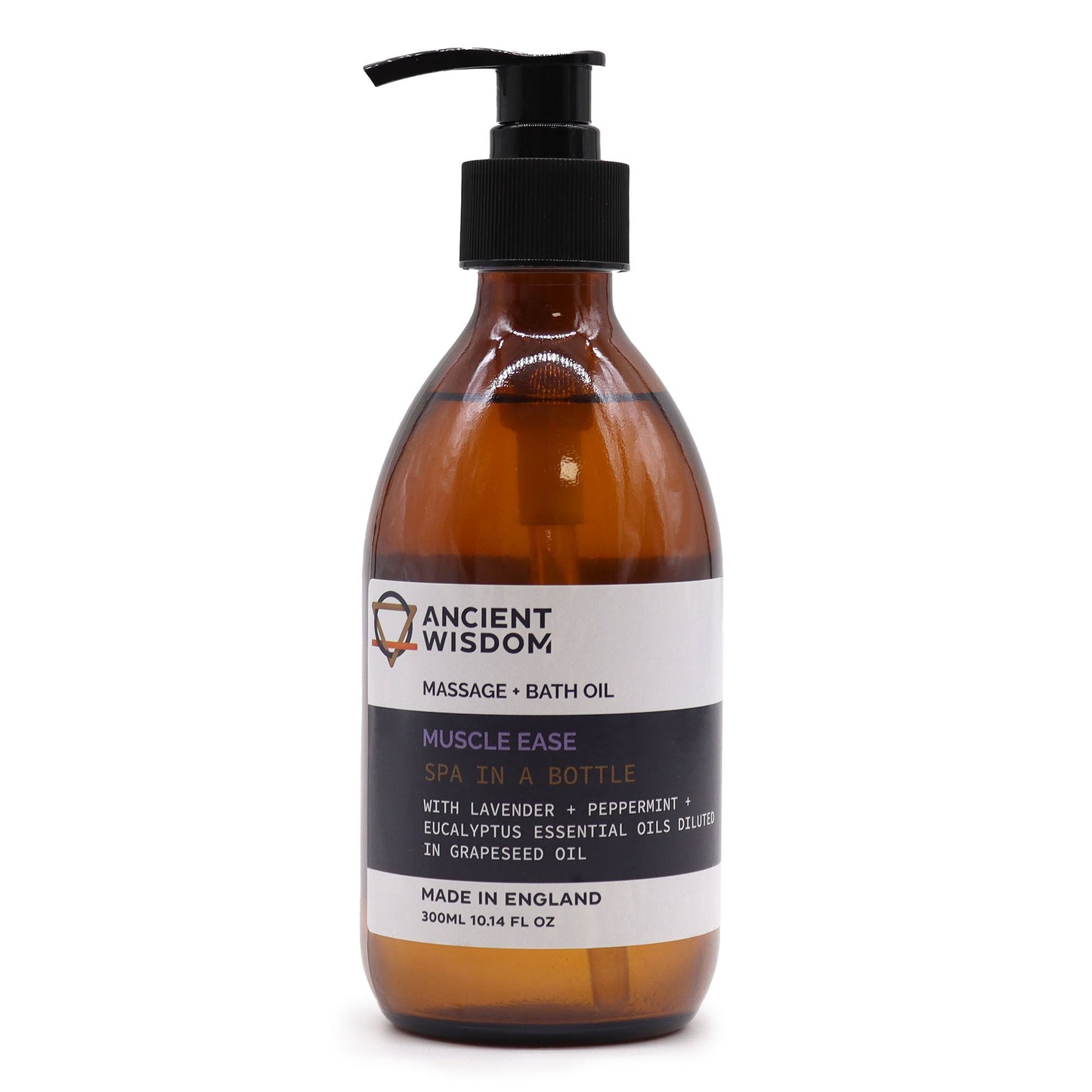 Aromatherapy Massage and Bath Oil with Pump - Muscle Ease - 300ml, amber bottle with a black pump and white label by Quintessential Holistic Health Ltd