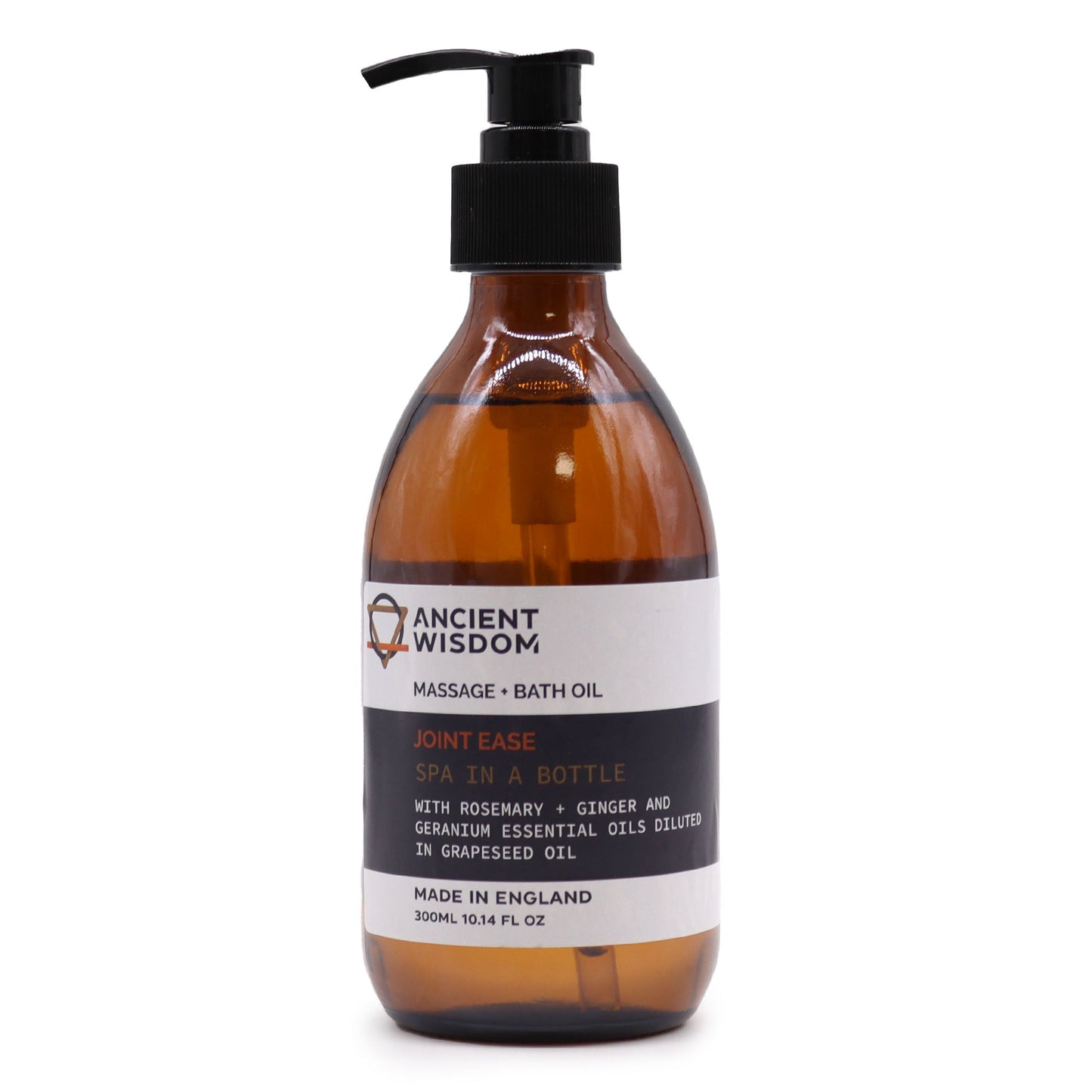 Aromatherapy Massage and Bath Oil with Pump - Joint Ease - 300ml, amber bottle with a black pump and white label by Quintessential Holistic Health Ltd