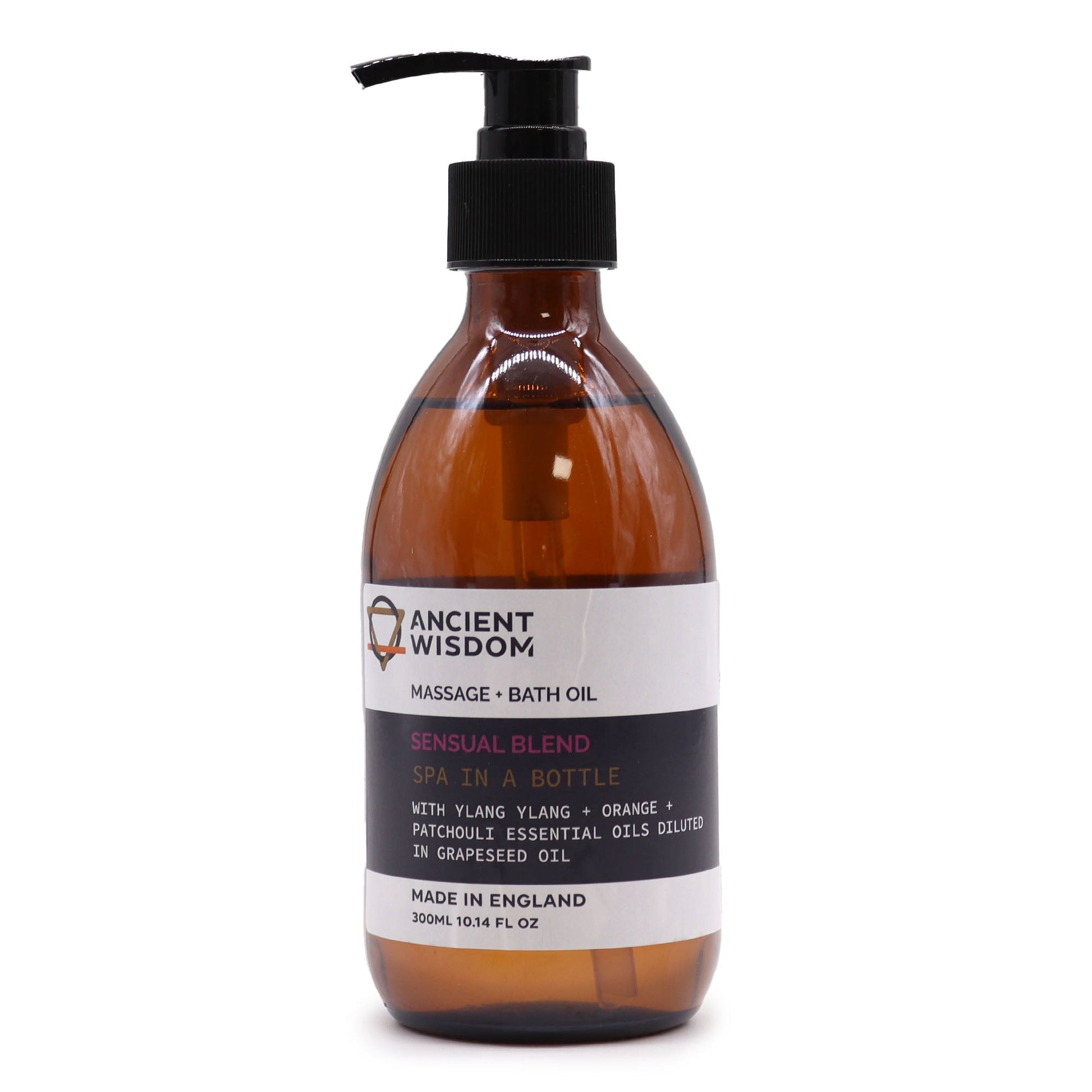 300ml Aromatherapy Massage and Bath Oil with Pump - Sensual product packaging on clean background from Quintessential Holistic Health Ltd