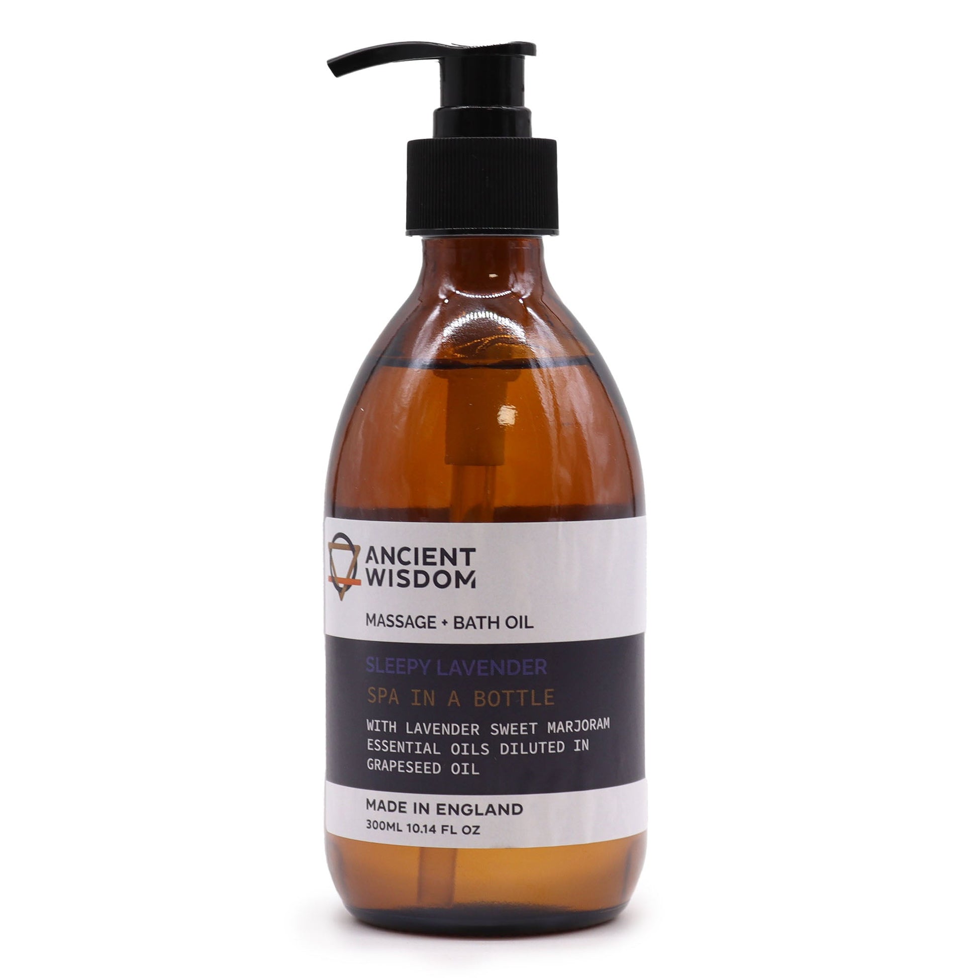 Sleepy Lavender 300ml Aromatherapy Massage & Bath Oil with Pump, amber bottle with a black pump and white label by Quintessential Holistic Health Ltd