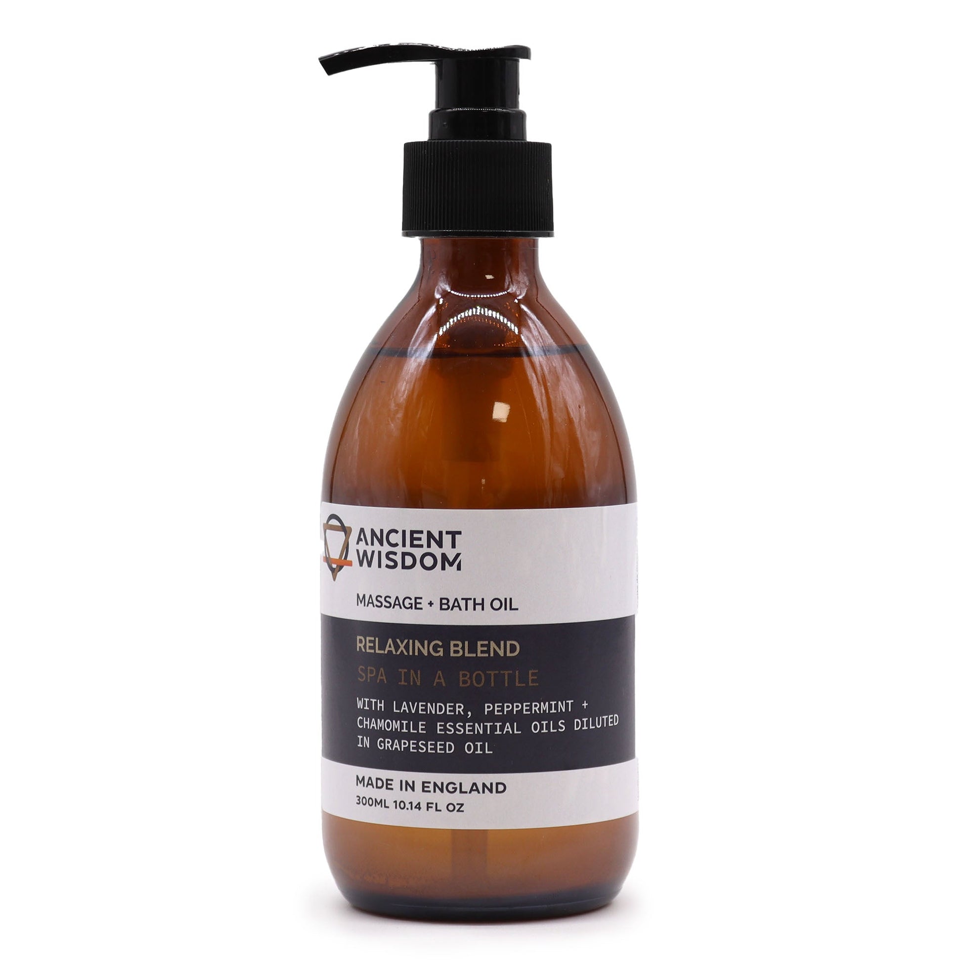 Aromatherapy Massage and Bath Oil with Pump - Relaxing - 300ml, amber bottle with a black pump and white label by Quintessential Holistic Health Ltd