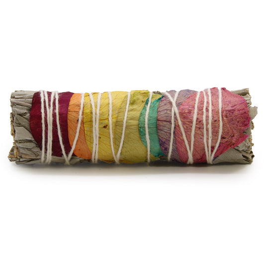 10cm Handcrafted Incense Smudge Stick - 7 Chakras / Rose Petals and Sage product packaging on clean background from Quintessential Holistic Health Ltd