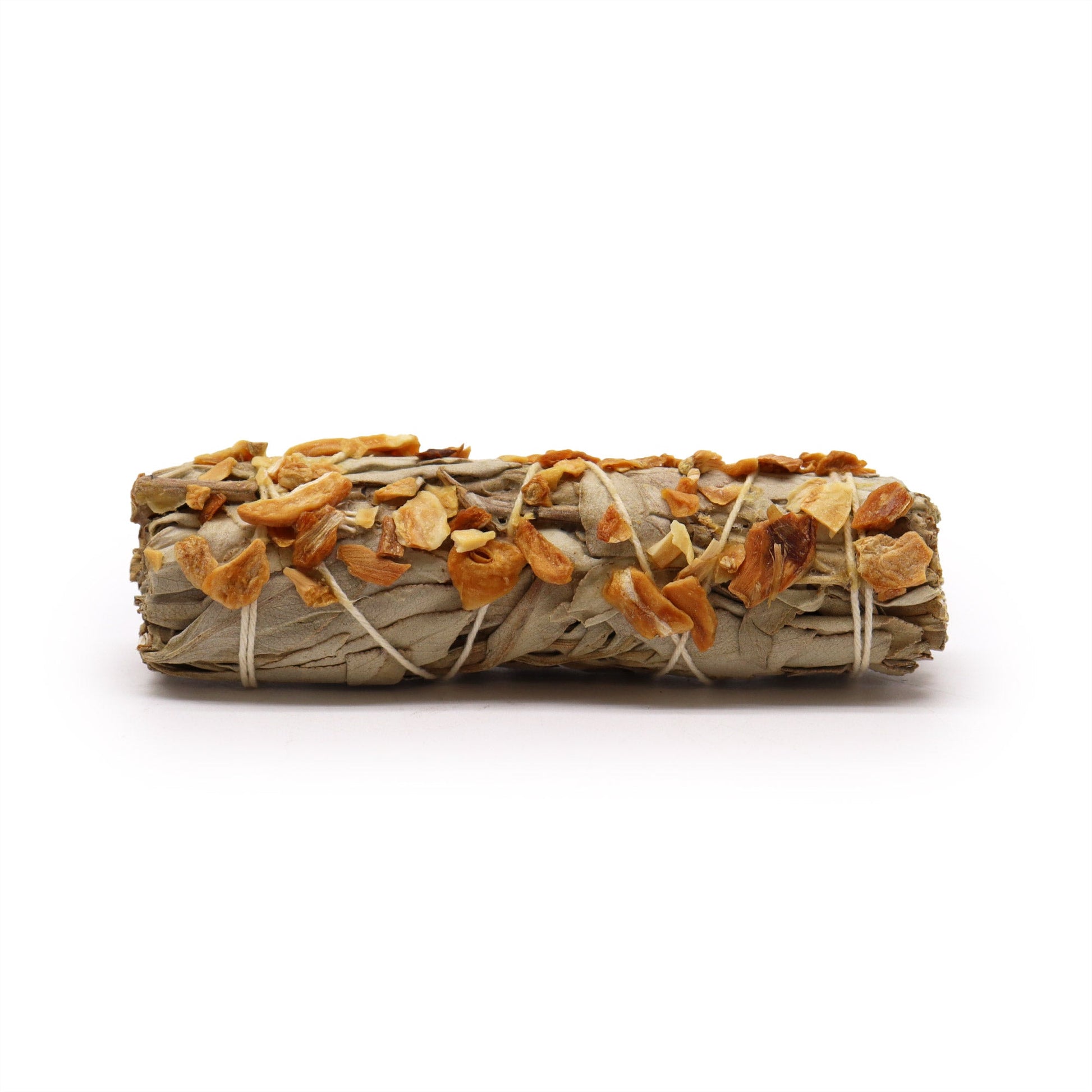 10cm Handcrafted Incense Smudge Stick - White Sage and Garlic product packaging on clean background from Quintessential Holistic Health Ltd