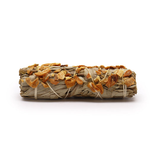 10cm Handcrafted Incense Smudge Stick - White Sage and Garlic product packaging on clean background from Quintessential Holistic Health Ltd